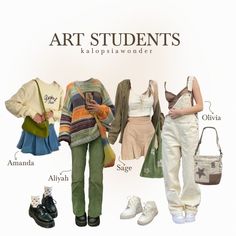 College Majors As Outfits Aesthetic, Art School Outfits Aesthetic, Artistic Clothing Aesthetic, Outfit Ideas For Artists, Art Casual Outfit, Outfits Inspired By Famous Paintings, Art Nerd Aesthetic Outfit, College Outfits Art Student, International Student Aesthetic Outfit