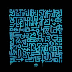 an abstract blue and black background with letters that appear to be written in different languages