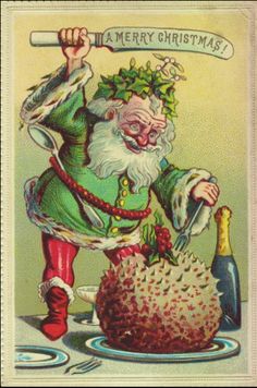 an old fashioned christmas card with a santa clause cutting into a pineapple