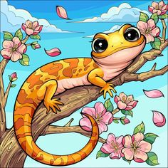 a gecko sitting on top of a tree branch with pink flowers in the background