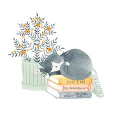 a watercolor painting of a cat sleeping on books with flowers in the back ground