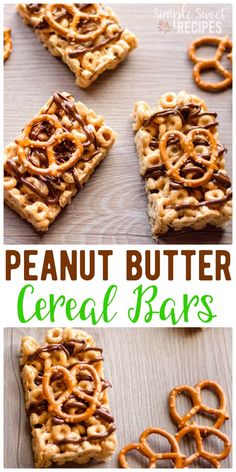 peanut butter cereal bars with pretzels and pretzels in the middle on top