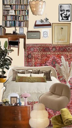 a collage of furniture, bookshelves and pictures on the wall in a bedroom