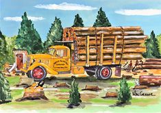 a painting of a yellow truck with logs in the back ground and trees behind it