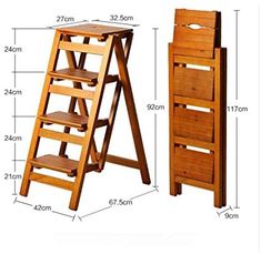 a wooden step stool next to a shelf with drawers and shelves on each side, measurements