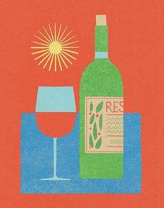 a bottle of wine next to a glass on a blue and red tablecloth with a sun in the background