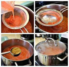 four pictures showing how to make soup in a pot