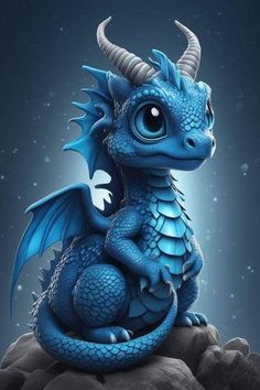 a blue dragon sitting on top of a rock