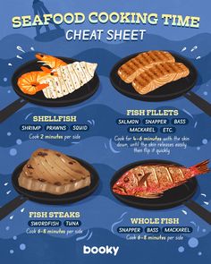 the seafood cooking time chart is shown in this graphic style, and includes different types of fish