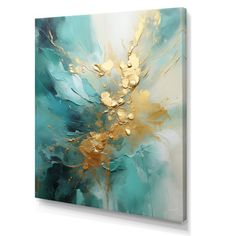 an abstract painting with gold and teal colors