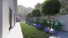 an artist's rendering of a garden with flowers and trees on the side of a building