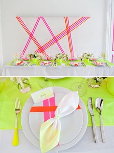 the table is set with neon colored napkins and place settings