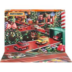 a puzzle box with cars and christmas trees