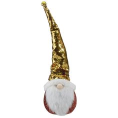 a christmas ornament with a gold sequin hat on it's head