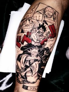 a person with a tattoo on their arm that has an image of one piece of anime characters