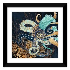 an octopus and squid art print in blue, yellow and orange colors on a black background