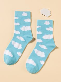 Blue and White  Collar  Polyester Graphic Crew Socks Embellished   Women Socks & Hosiery Kidcore Socks, Blue Academia, Beetlejuice Costume, Tulle Gloves, Silly Clothes, Rainbow Socks, Blue And White Fabric, Cloud Print, Print Socks