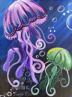 an acrylic painting of two jellyfish in purple and green colors with bubbles