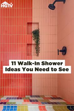 Multicoloured shower tiles and red/pink shower wall tiles Unique Showers Bathroom, Color Block Shower Tile, Shower Nook Built Ins, Shower Flooring Ideas, Walk In Shower No Glass Doors, Square Tile Shower Wall, No Glass Shower Ideas, Shower Room Ideas Walk In, Walk In Shower Ideas No Door