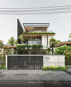 an architectural rendering of a modern house with plants on the balcony and balconies