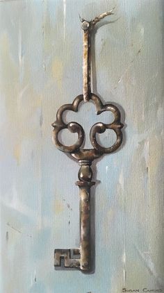 a painting of an old key on a white background with the word love written below it