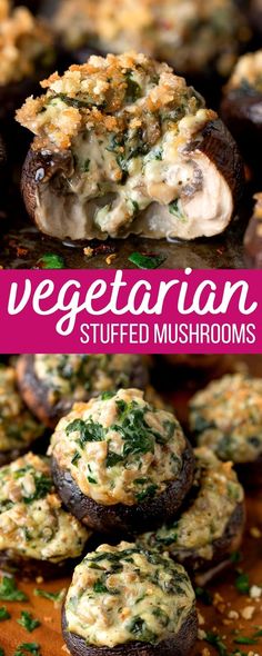 vegetarian stuffed mushrooms with spinach and cheese Vegetarian Stuffed Mushrooms, Stuffed Mushroom Recipe, Stuffed Mushrooms Vegetarian, Vegetarian Party, Mushroom Recipe, Scooby Snacks, Stuffed Mushroom, Vegetarian Thanksgiving, Vegetarian Appetizers