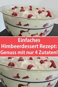 two bowls with raspberries and whipped cream in them on top of each other