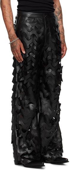 Wide-leg buffed faux-leather pants. Laser-cut pattern throughout. · Two-pocket styling · Zip-fly · Full mesh lining Supplier color: Black Fringe Pants, Womens Black Pants, Mens Leather Pants, Laser Cut Leather, Laser Cut Patterns, Faux Leather Boots, Biker Leather, Faux Leather Pants, Leather Fringe