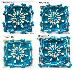 four pictures showing the steps to crochet snowflakes