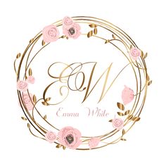 the letter ew is surrounded by pink roses and leaves in a gold circle frame