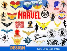 many different logos and designs on a white background with the words captain marvel in red, blue