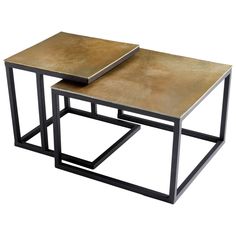 two tables sitting side by side on top of each other with metal bases and gold colored tops