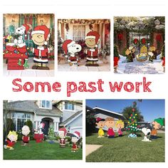 some cartoon characters are standing in front of a house with christmas decorations on the lawn