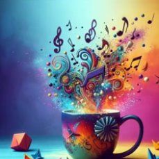 a colorful cup with music notes coming out of it's top and on the side