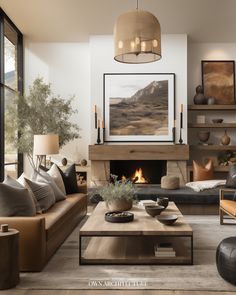 a living room filled with furniture and a fire place in the middle of the room