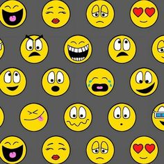 many smiley faces with different expressions and eyes, all drawn in various ways on a gray background