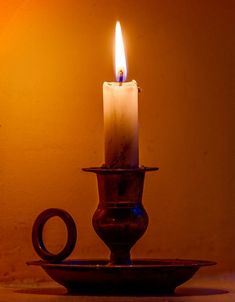 a lit candle sitting on top of a plate