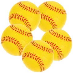 four yellow softballs with red stitching on the outside and inside, all facing different directions