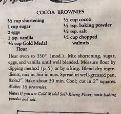 an old recipe for chocolate brownies with instructions