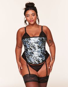 This romantic corset brings on the drama. Zoie features digitally printed satin fabric, lace cup inserts, boned front and back seams for support, a functional lace-up back, adjustable straps, and removable garters. (Available in plus-sizes XL-4X.) Watercolor Blue, Adore Me, The Drama, Garters, Satin Fabric, Apparel Accessories, Lace Top, Lace Up, Lingerie