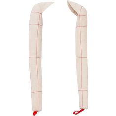 two long white and red pillows on top of each other, one is folded up