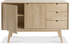 the sideboard is made from wood and has three drawers, two doors and one drawer