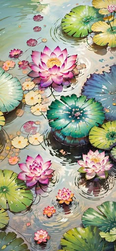 a painting of water lilies and lily pads