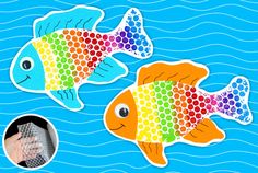 two colorful fish stickers on blue water