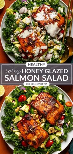 healthy honey glazed salmon salad with avocado and tomatoes