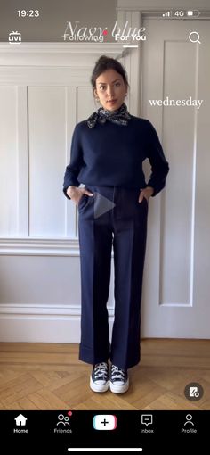 Navy Trousers Street Style, Navy Blue Smart Casual Outfit Women, All Navy Outfits For Women, Navy Tailored Trousers Outfit, Chic Tailored Blue Pants, Navy Turtleneck Outfit, Navy Monochromatic Outfit, Navy Slacks Outfit Women, Chic Navy Trousers