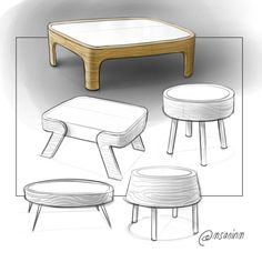 three tables and two stools are shown in this sketching image, the table is made out of plywood