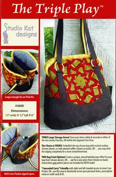 an advertisement for a handbag made from fabric and leather with the title'the triple play '