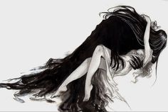 a black and white drawing of a woman with her head in the air while she is falling