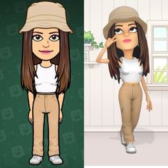 the cartoon girl is wearing a hat and tan pants